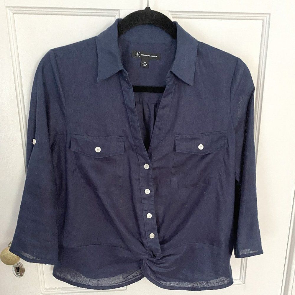 INC International Concepts Navy Blue Linen Twist Hem Blouse, Size…